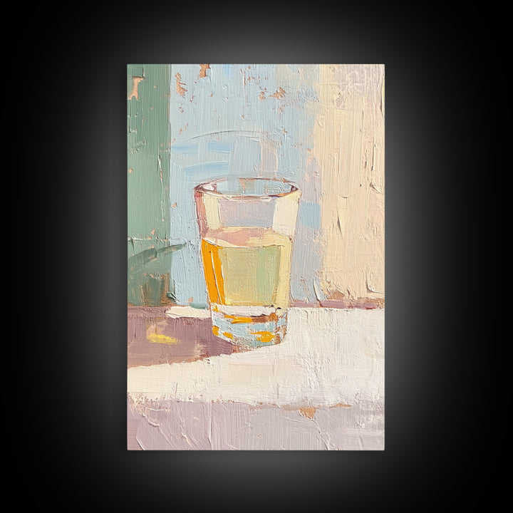 Minimal Glass Of Golden Tea Still Life Wall Art, Neutral Kitchen Decor, Modern Rustic Canvas Print, Soft Abstract Painting