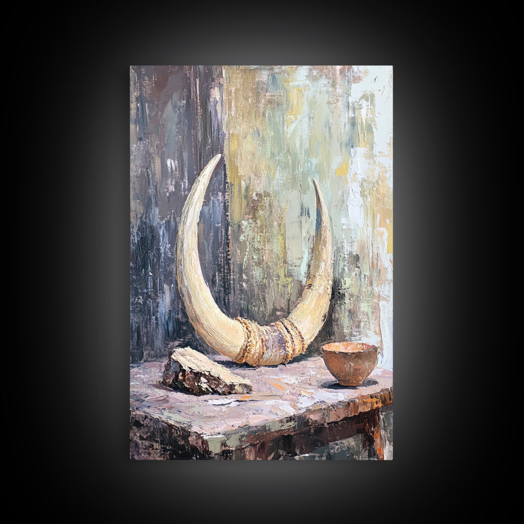 Curved Ivory Horn And Rustic Bowl Still Life Framed Canvas Print, African Inspired Wall Art, Tribal Decor, Moody Neutral Art