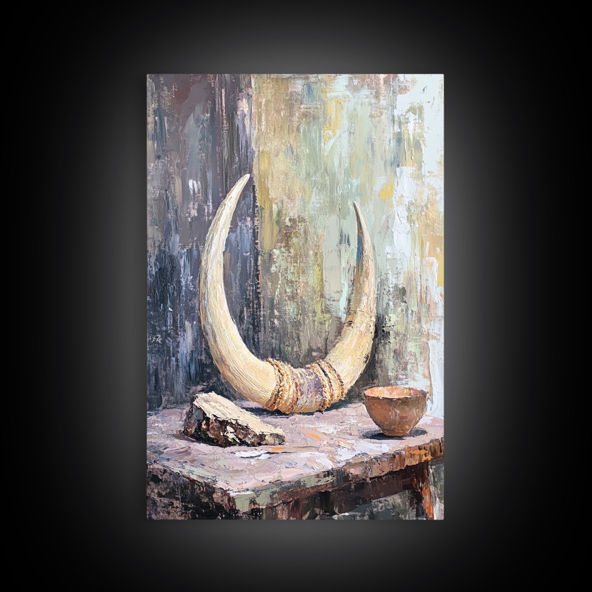 Curved Ivory Horn And Rustic Bowl Still Life Framed Canvas Print, African Inspired Wall Art, Tribal Decor, Moody Neutral Art