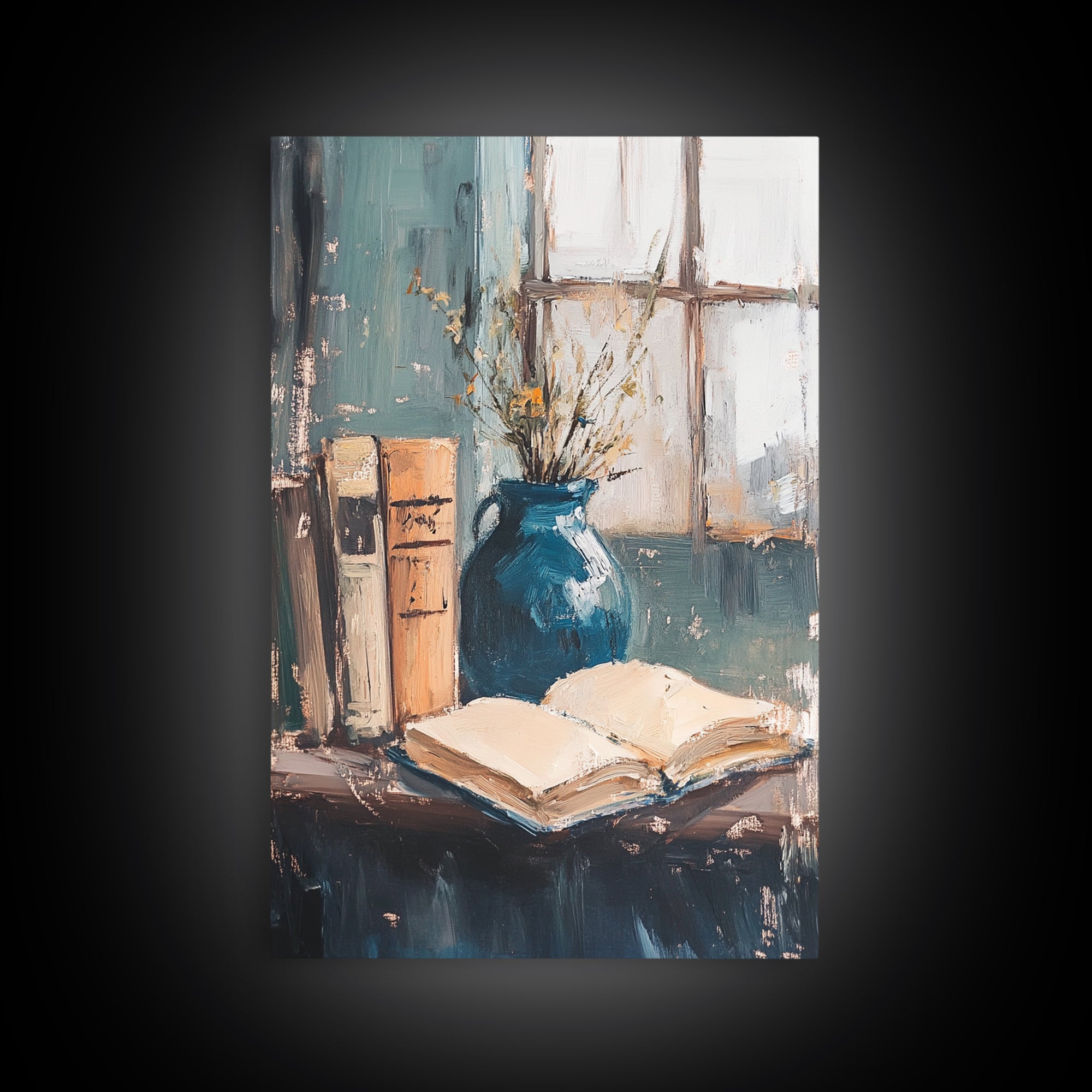 Open Book And Blue Vase Wall Art, Cozy Library Still Life, Dark Academia Decor, Reading Nook Art Print, Home Office Decor