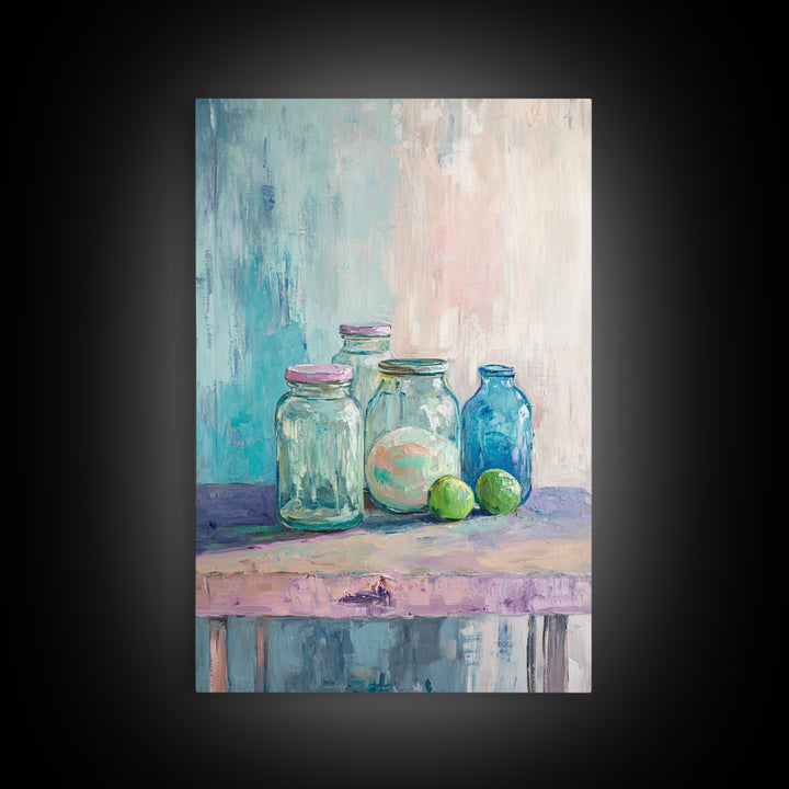 Glass Jars With Limes Still Life Wall Art, Colorful Kitchen Decor, Modern Farmhouse Canvas Print, Dining Room Art Gift Idea