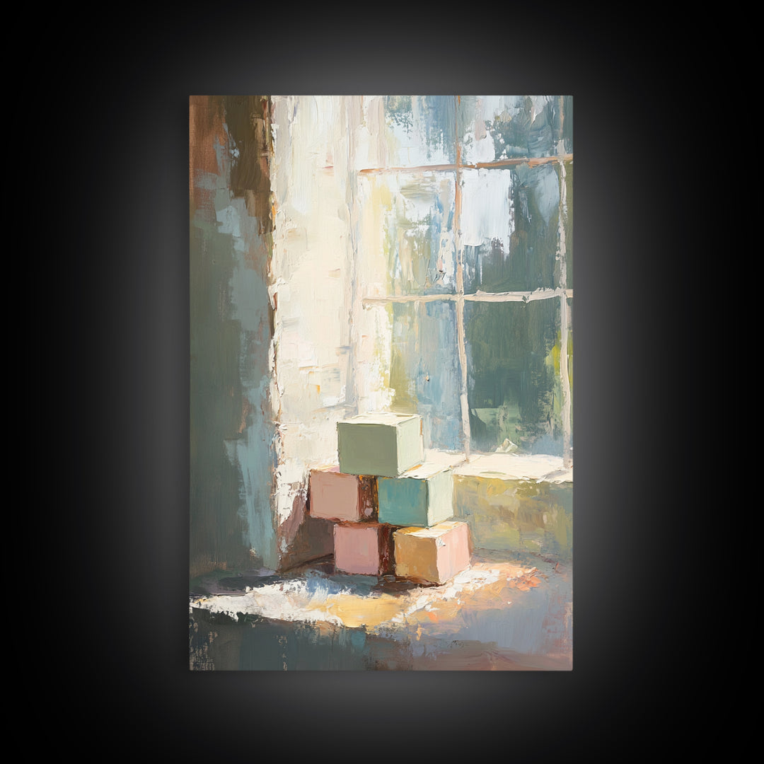 Pastel Wooden Blocks By Window Wall Art, Nursery Still Life Canvas Print, Kids Room Decor, Playroom Wall Art, Baby Gift Idea