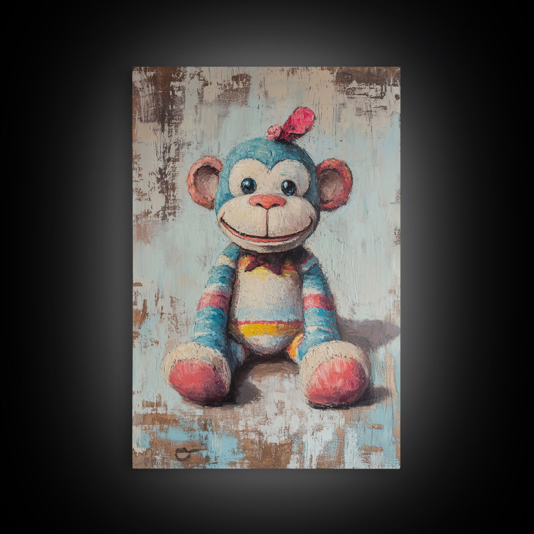 Whimsical Sock Monkey Canvas Print, Nursery Wall Art, Kids Room Decor, Cute Animal Art, Baby Shower Gift, Playroom Decor