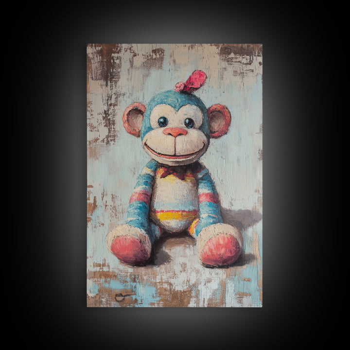 Whimsical Sock Monkey Canvas Print, Nursery Wall Art, Kids Room Decor, Cute Animal Art, Baby Shower Gift, Playroom Decor