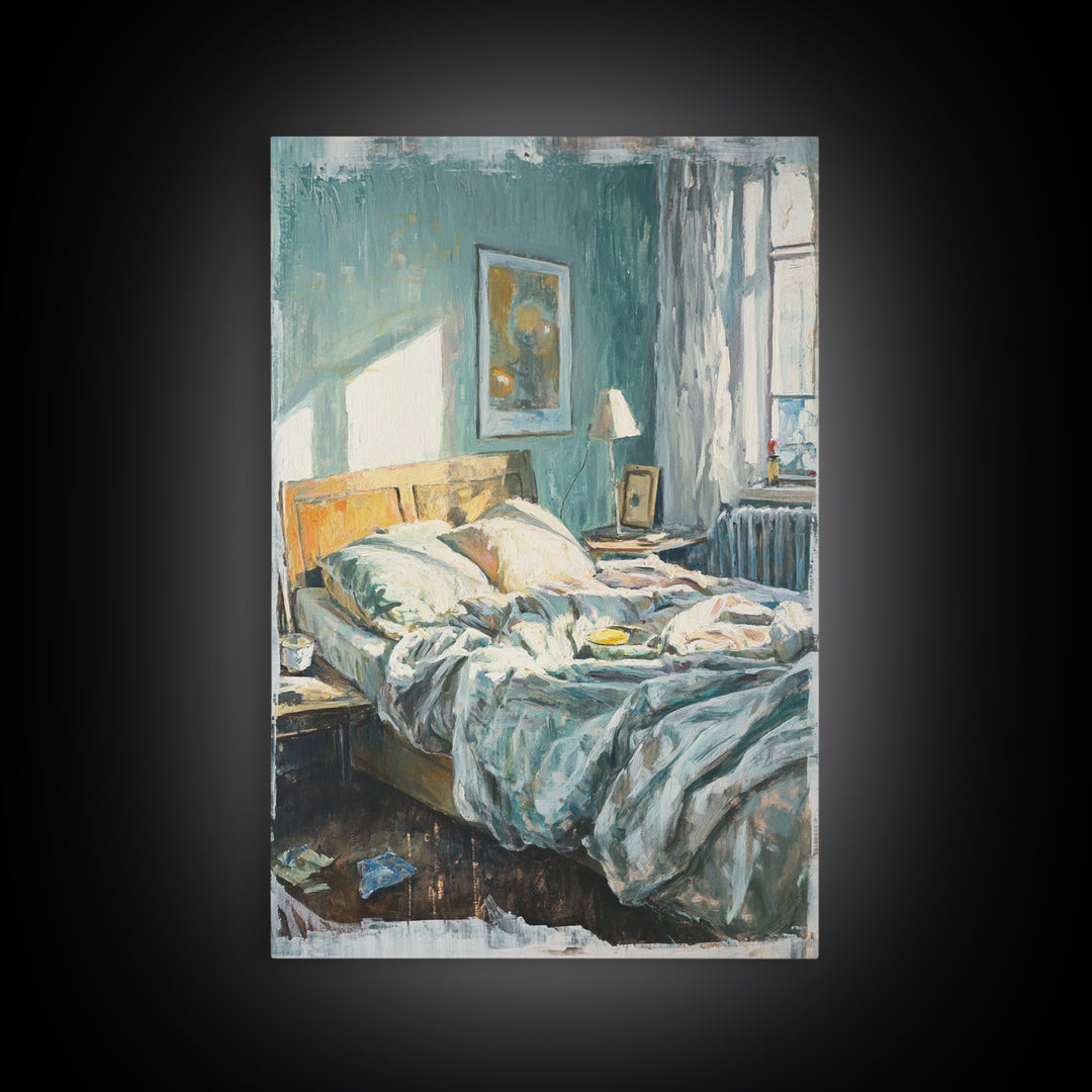 Messy Sunlit Bedroom Canvas Print, Cozy Bedroom Wall Art, Above Bed Decor, Modern Home Decor, Guest Room Wall Decor, Living Room Decor
