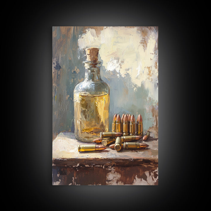 Amber Bottle And Brass Bullets Still Life Wall Art, Masculine Man Cave Decor, Rustic Office Print, Gift For Him, Moody Canvas