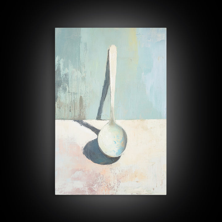 Single White Spoon Minimal Still Life Wall Art, Blue Shadow Minimalist Decor, Neutral Kitchen Print, Modern Canvas Print