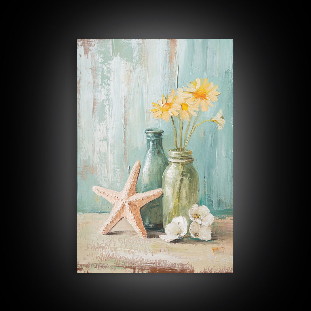 Starfish Daisies And Sea Glass Bottles Coastal Wall Art, Beach House Decor, Floral Canvas Print, Summer Gift For Her, Bathroom Decor