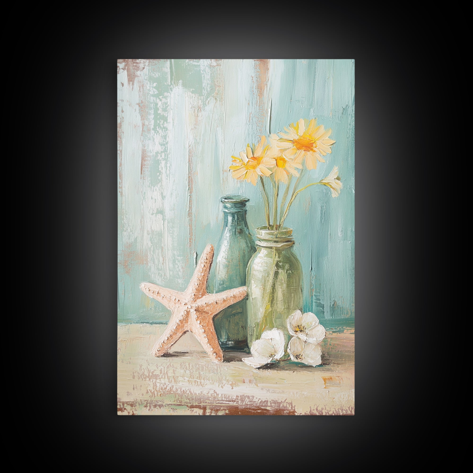 Starfish Daisies And Sea Glass Bottles Coastal Wall Art, Beach House Decor, Floral Canvas Print, Summer Gift For Her, Bathroom Decor