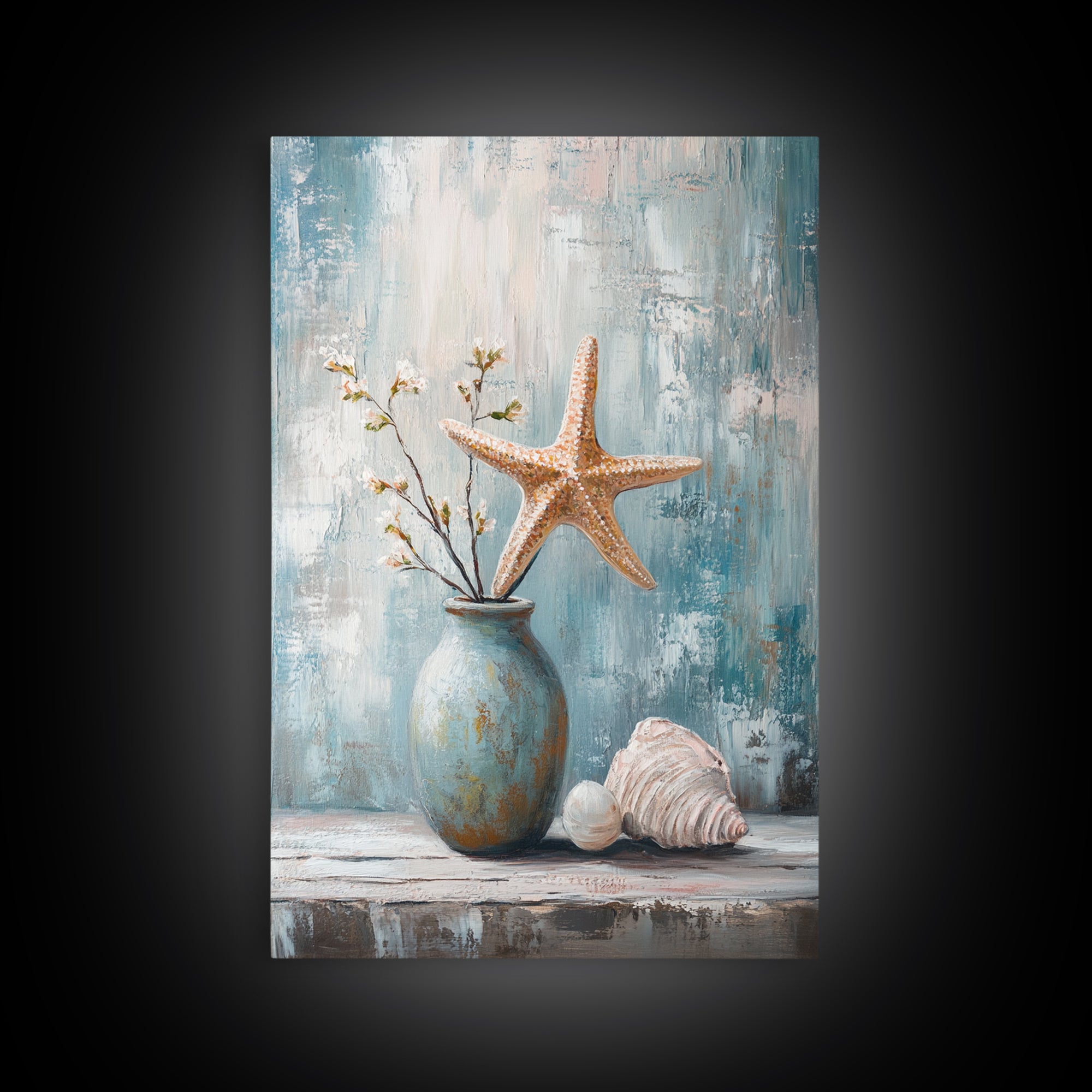 Orange Starfish Seashell And Blue Vase Coastal Wall Art, Nautical Beach Decor, Ocean Canvas Print, Serene Bathroom Art For Home