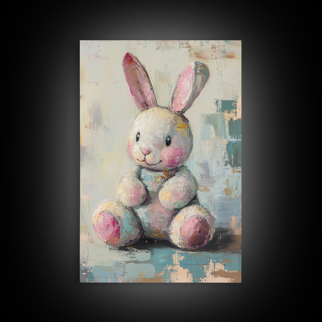 Plush Bunny Toy With Pink Ears Canvas Print, Whimsical Nursery Wall Art, Baby Girl Room Decor, Cute Animal Art, Baby Shower Gift
