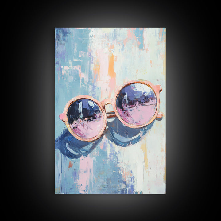 Pink Sunglasses On Blue Abstract Canvas Print, Fashion Wall Art, Dopamine Decor, Trendy Prints, Cool Girl Room Decor, Modern Wall Decor