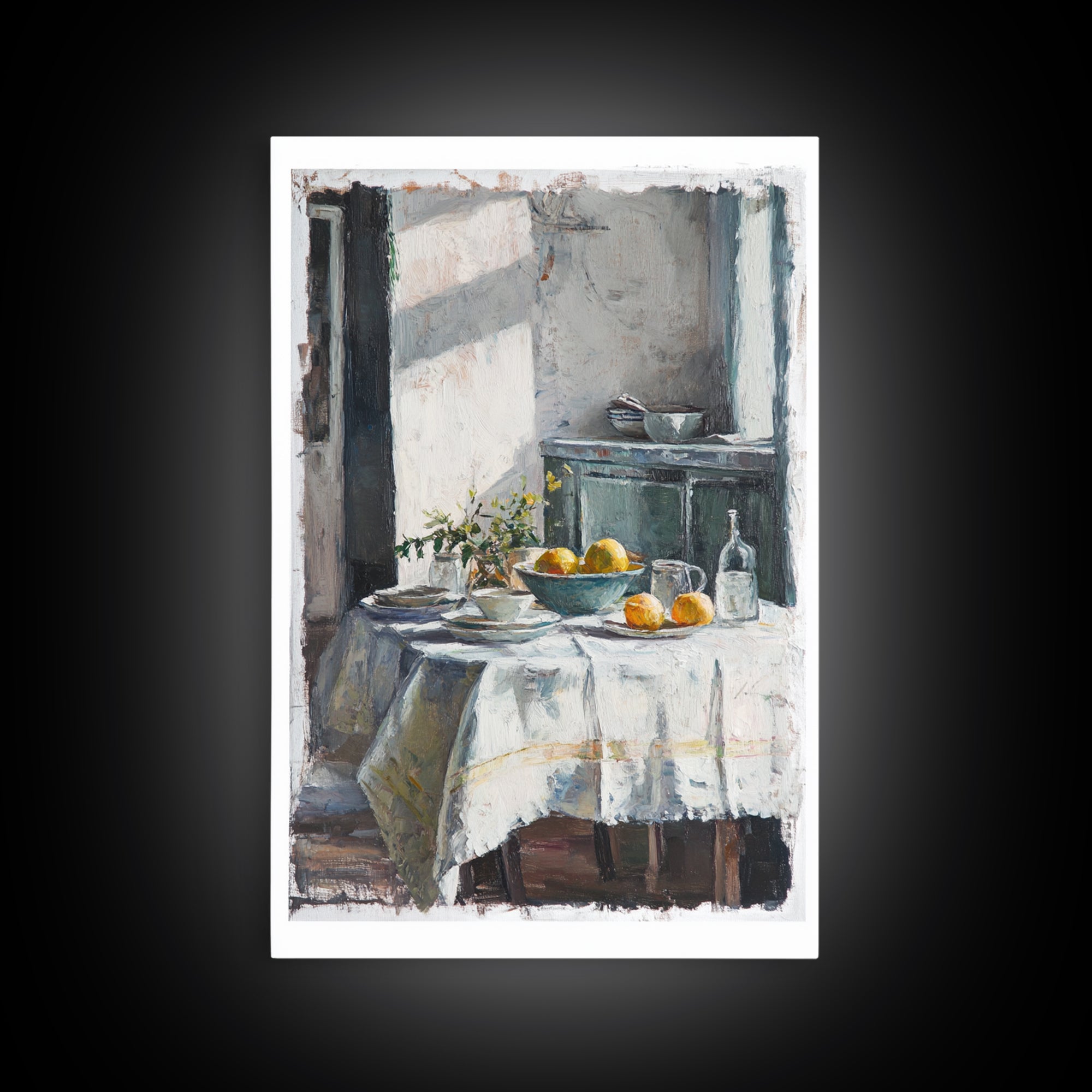 Sunlit Breakfast Table With Oranges Wall Art, Rustic Kitchen Decor, French Country Print, Still Life Art, Housewarming Gift
