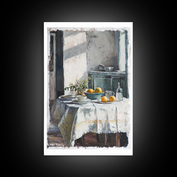 Sunlit Breakfast Table With Oranges Wall Art, Rustic Kitchen Decor, French Country Print, Still Life Art, Housewarming Gift
