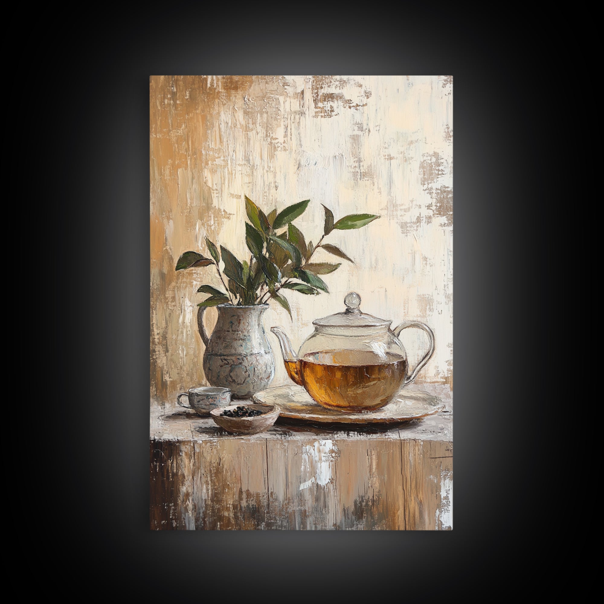 Glass Teapot With Potted Green Leaves Framed Canvas Print, Rustic Kitchen Wall Art, Botanical Tea Still Life Home Decor, Gift