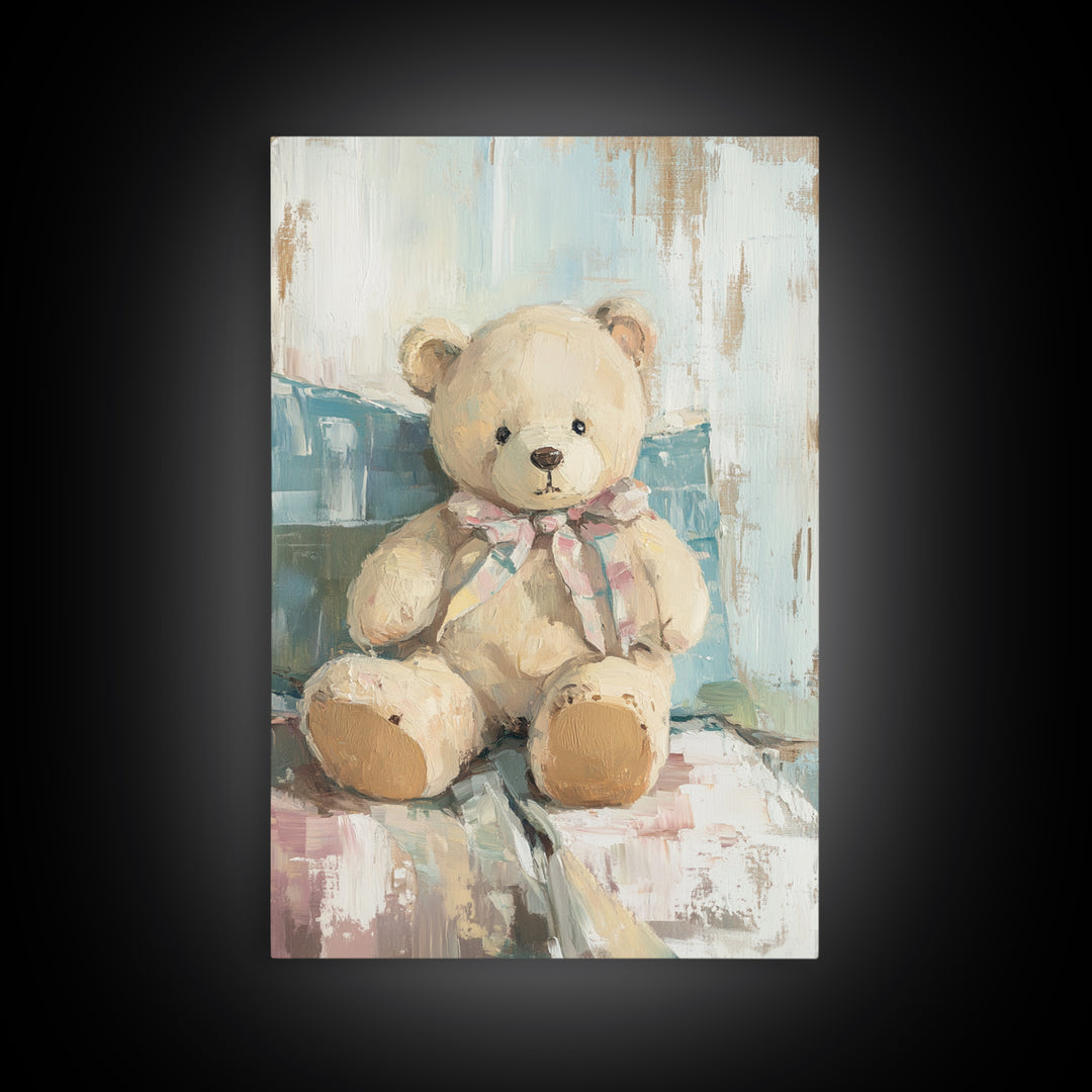 Cream Teddy Bear On Blue Pillow Framed Canvas Print, Nursery Wall Art, Kids Room Decor, Baby Shower Gift, Neutral Nursery Decor