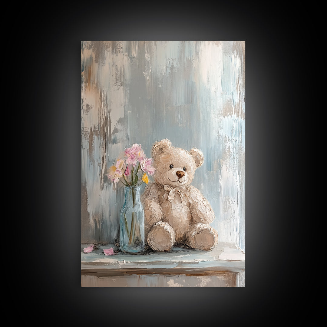 Smiling Teddy Bear With Pink Flowers Wall Art, Nursery Decor, Kids Room Art, Baby Shower Gift, Whimsical Animal Print, Girl Nursery Decor