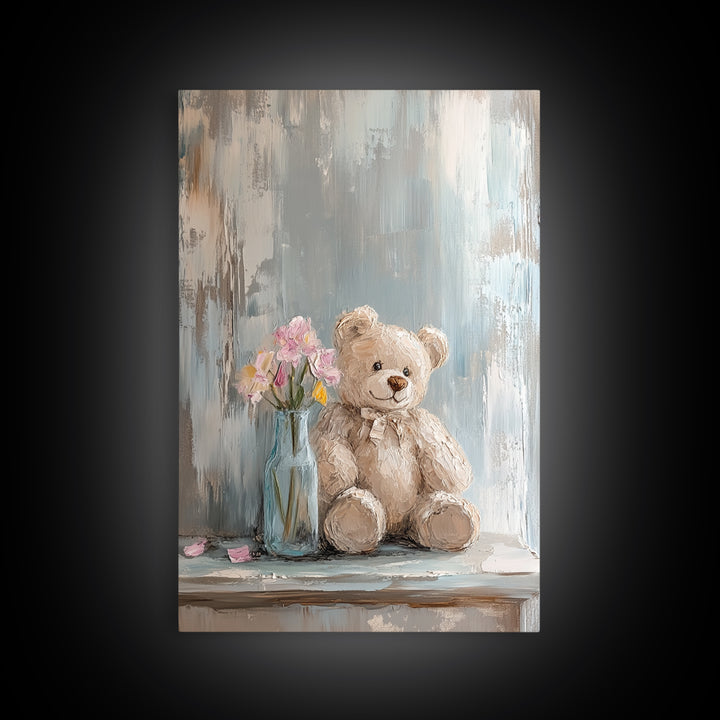 Smiling Teddy Bear With Pink Flowers Wall Art, Nursery Decor, Kids Room Art, Baby Shower Gift, Whimsical Animal Print, Girl Nursery Decor
