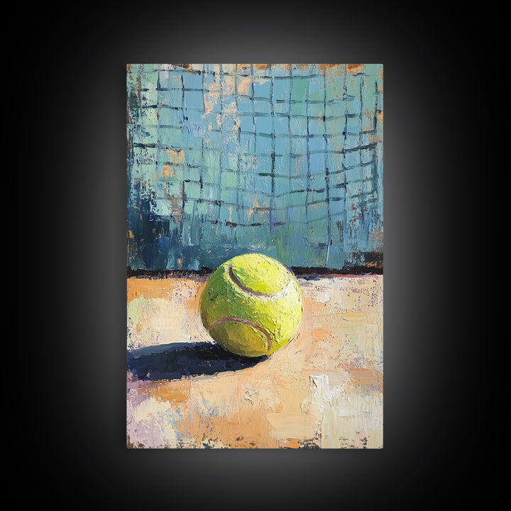 Bright Tennis Ball By Court Net Wall Art, Sports Room Decor, Game Room Art Print, Athletic Gift For Him, Home Gym Decor, Office Decor