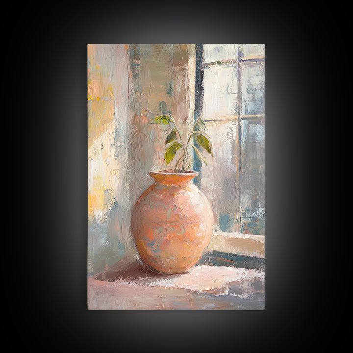 Terracotta Vase With Green Plant Framed Canvas Print, Rustic Botanical Wall Art, Neutral Home Decor, Entryway Wall Decor