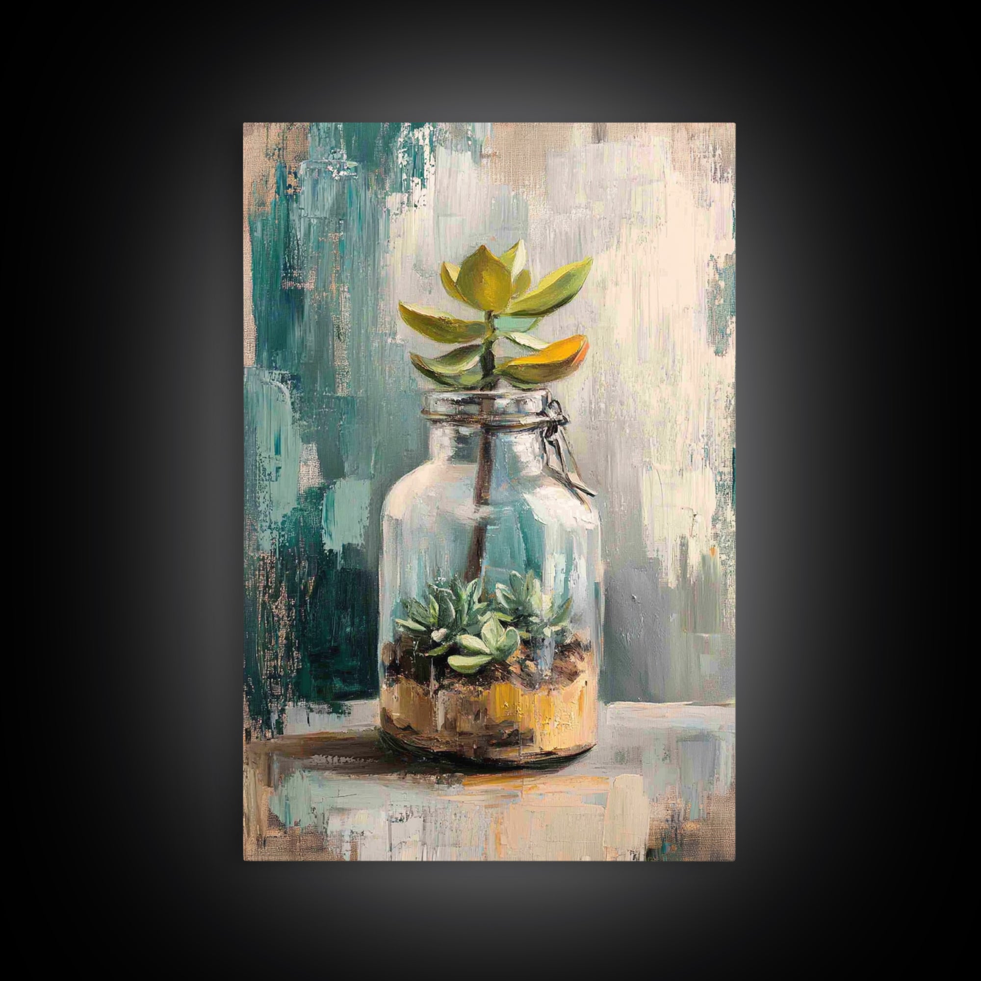 Succulent Terrarium In Glass Jar Wall Art, Botanical Canvas Print, Teal Still Life Decor, Plant Lover Housewarming Gift