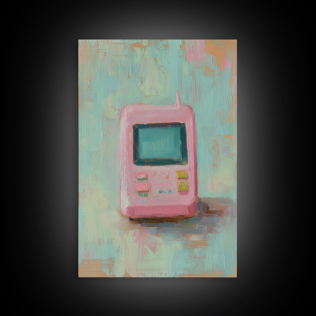 Pink Retro Handheld Game Wall Art, Nostalgic Tech Canvas Print, 90s Decor, Gamer Gift, Pastel Office Desk Art, Unique Home Decor