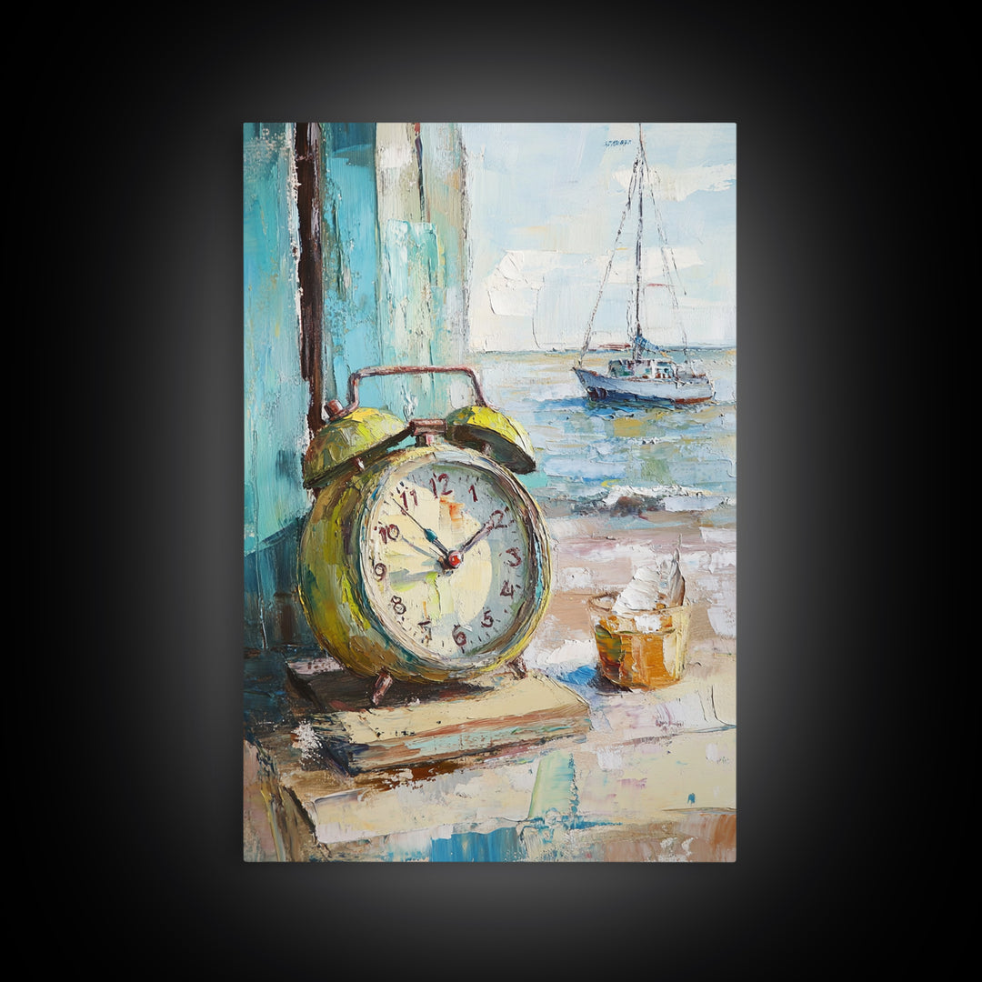 Nautical Alarm Clock Still Life Framed Canvas Print, Coastal Wall Art, Beach House Decor, Sailboat Ocean Art Print, Nautical Home Decor