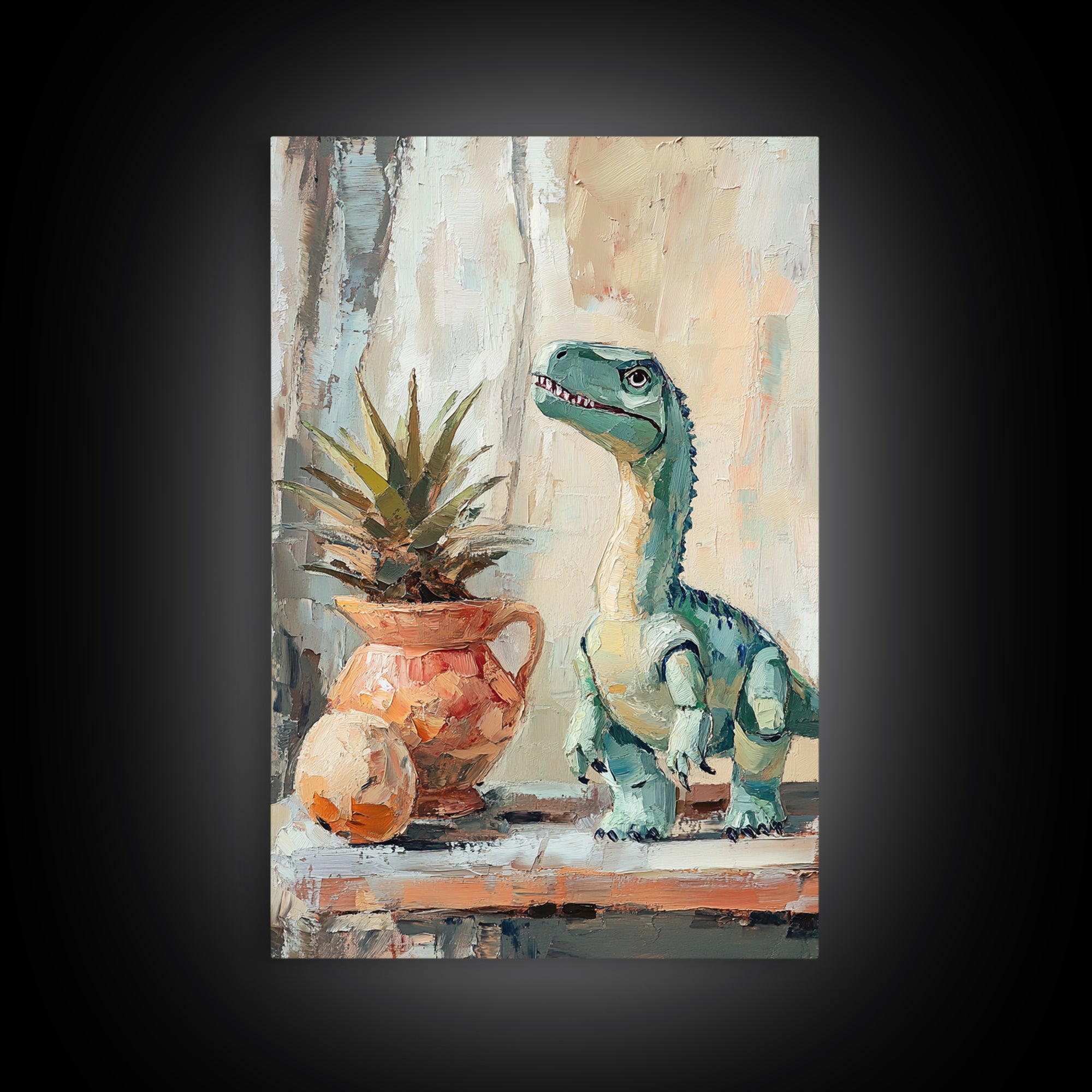 Cute Dinosaur And Potted Plant Canvas Print, Whimsical Animal Wall Art, Kids Room Decor, Nursery Art, Playroom Gift For Child Bedroom