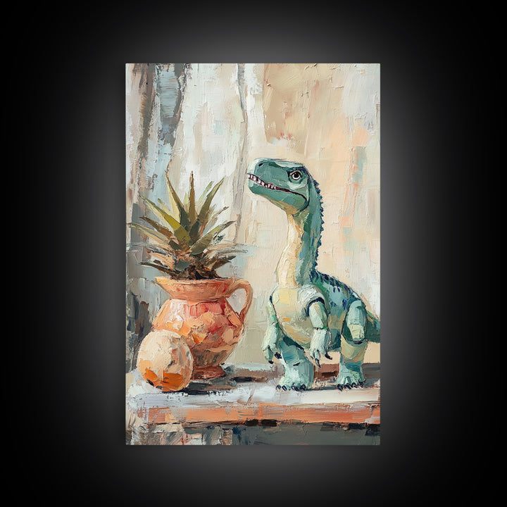 Cute Dinosaur And Potted Plant Canvas Print, Whimsical Animal Wall Art, Kids Room Decor, Nursery Art, Playroom Gift For Child Bedroom