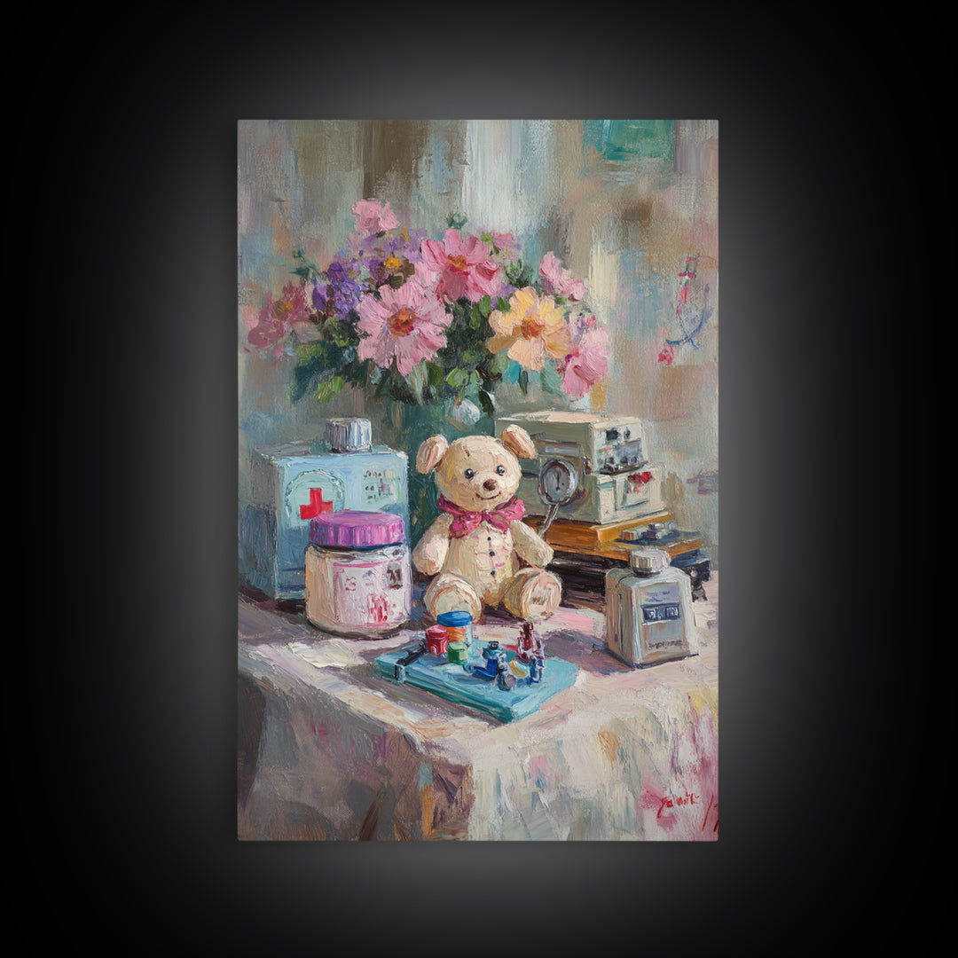 Teddy Bear Medical Kit Still Life Wall Art, Whimsical Nursery Decor, Doctor Office Art, Pediatric Room Canvas Print, Baby Shower Gift