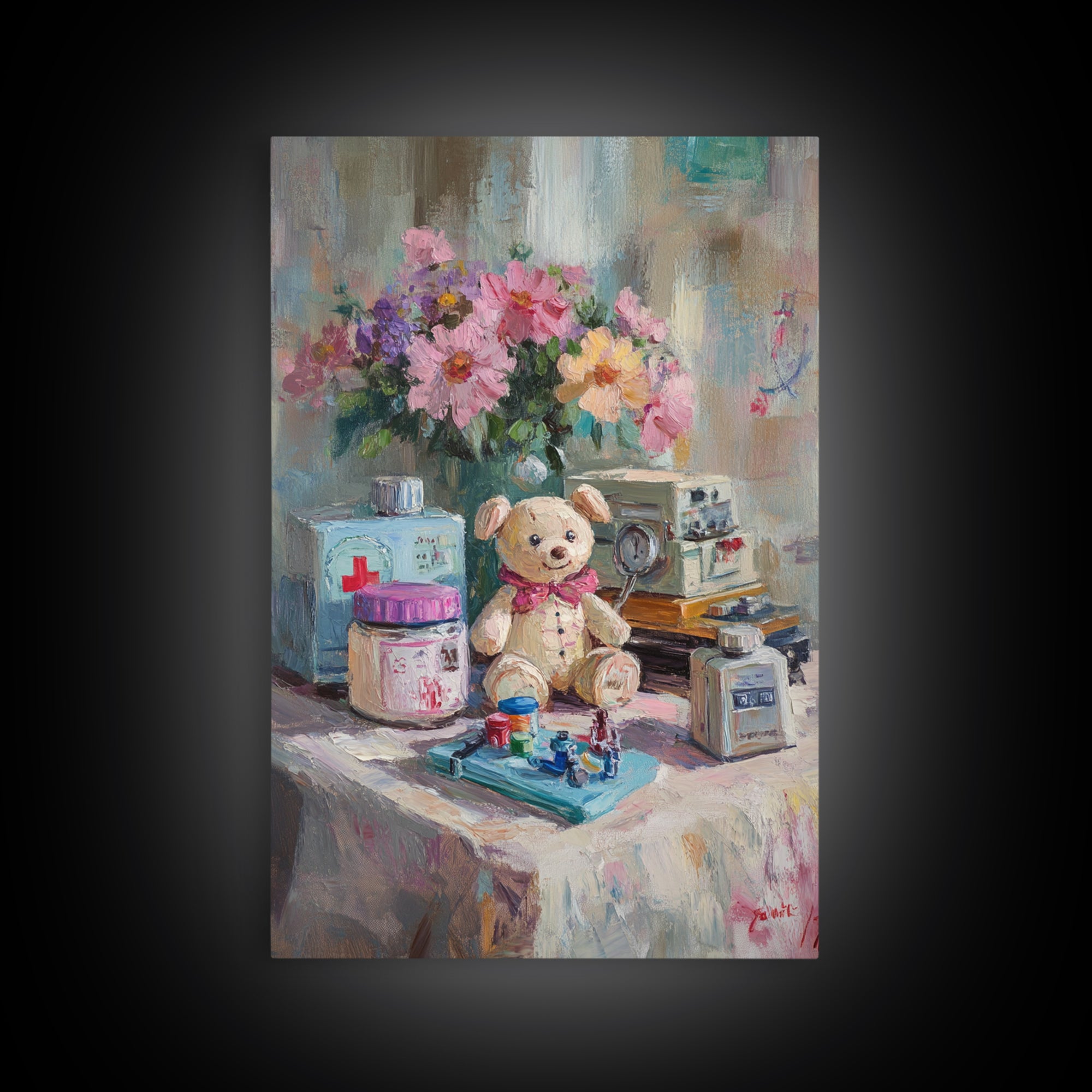 Teddy Bear Medical Kit Still Life Wall Art, Whimsical Nursery Decor, Doctor Office Art, Pediatric Room Canvas Print, Baby Shower Gift