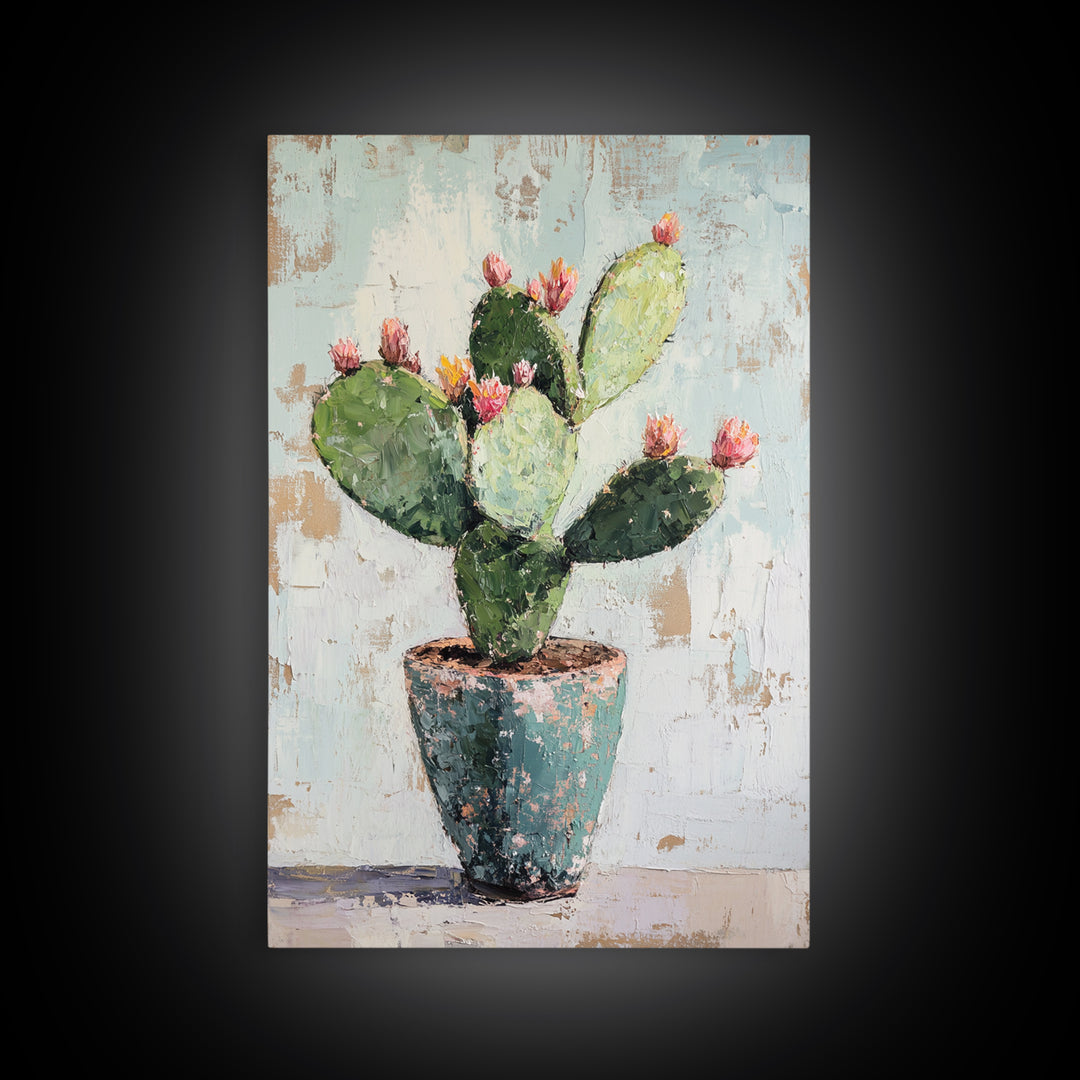 Prickly Pear Cactus In Rustic Pot Canvas Print, Desert Wall Art, Southwest Decor, Botanical Wall Decor, Plant Lover Gift