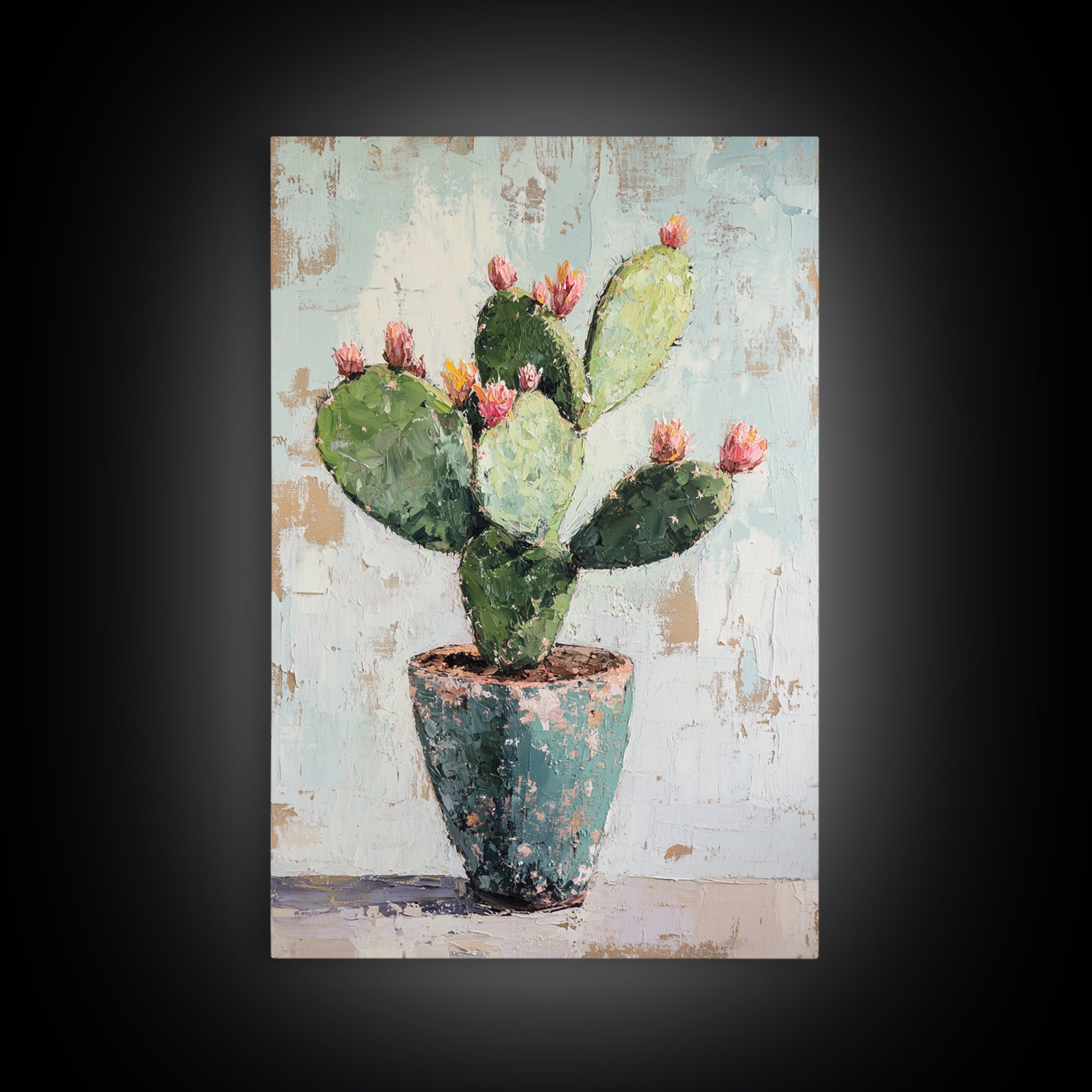 Prickly Pear Cactus In Rustic Pot Canvas Print, Desert Wall Art, Southwest Decor, Botanical Wall Decor, Plant Lover Gift