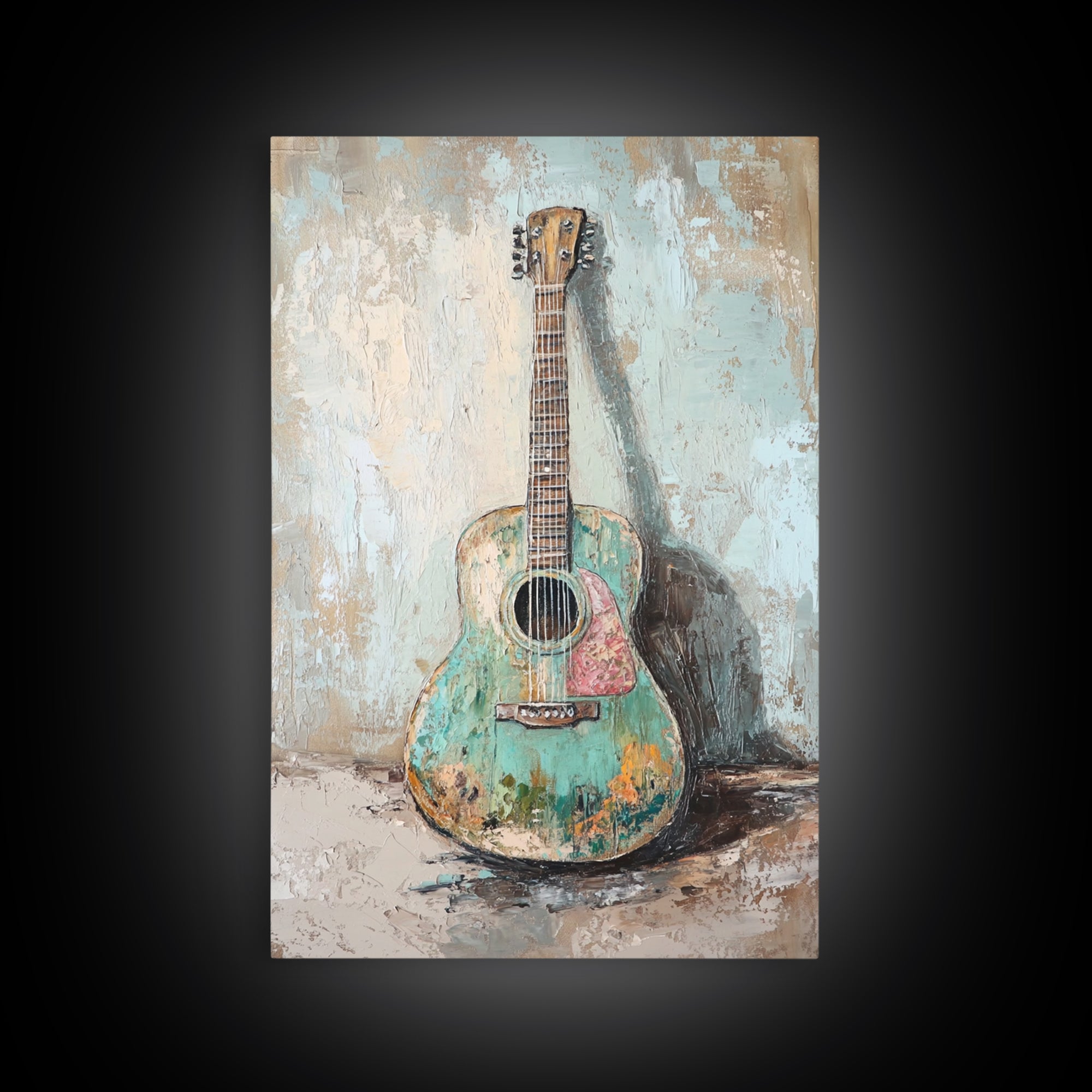 Weathered Turquoise Acoustic Guitar Canvas Print, Music Room Wall Art, Rustic Music Decor, Guitar Lover Gift, Studio Poster