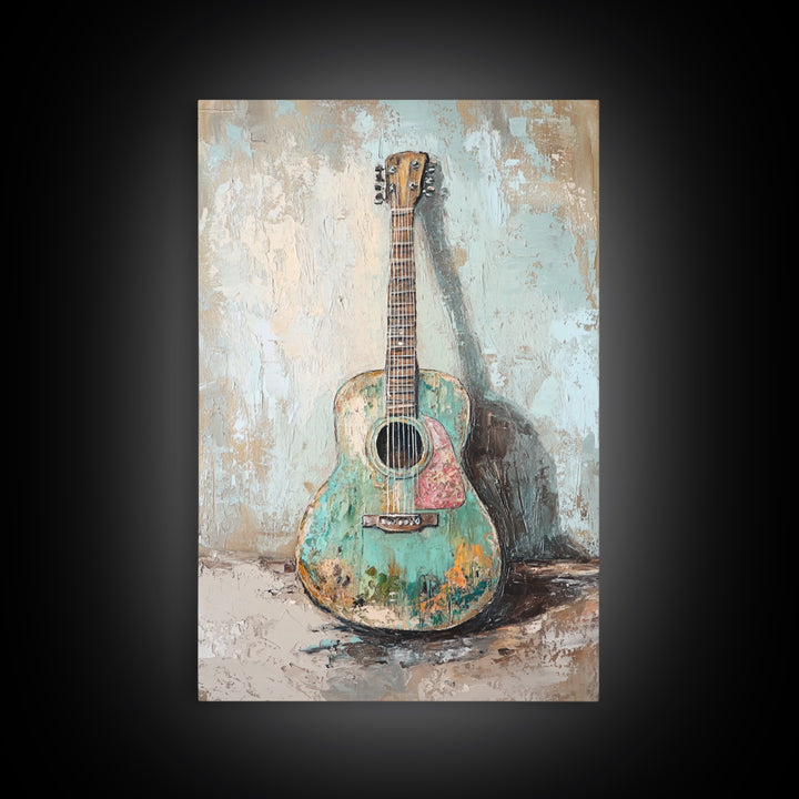 Weathered Turquoise Acoustic Guitar Canvas Print, Music Room Wall Art, Rustic Music Decor, Guitar Lover Gift, Studio Poster