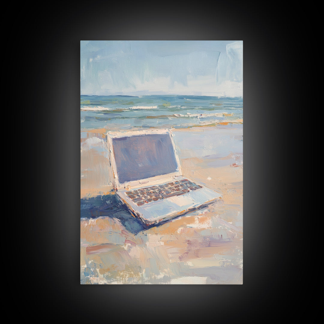 Open Laptop On Sandy Beach Framed Canvas Print, Coastal Wall Art, Remote Work Office Decor, Ocean Landscape Art Print, Beach House Decor