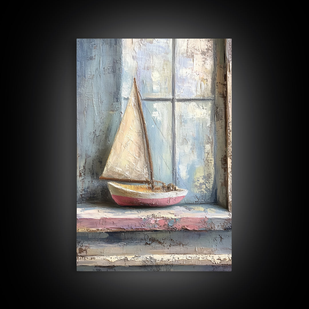 Weathered Sailboat On Window Sill Framed Canvas Print, Nautical Wall Art, Coastal Decor, Beach House Art, Seascape Art, Ocean Wall Decor