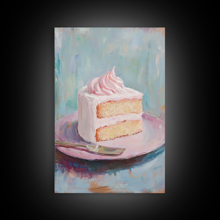 Pink Frosted Cake Slice On Plate Wall Art, Bakery Art Print, Kitchen Wall Art, Cute Kitchen Decor, Dessert Art, Gift For Her