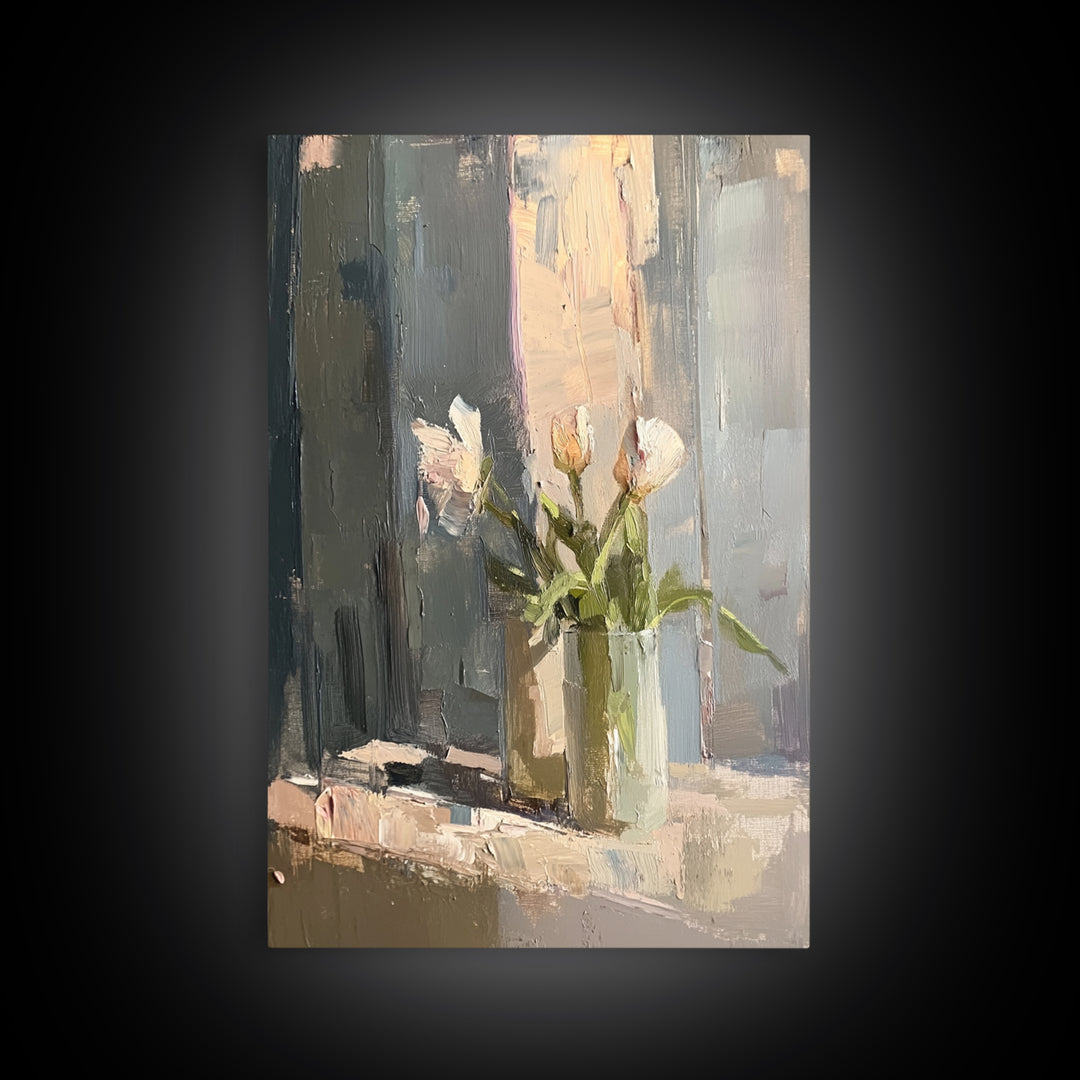 Soft White Tulips Framed Canvas Print, Impasto Floral Still Life, Neutral Wall Decor, Bedroom Decor, Gift For Her, Home Decor