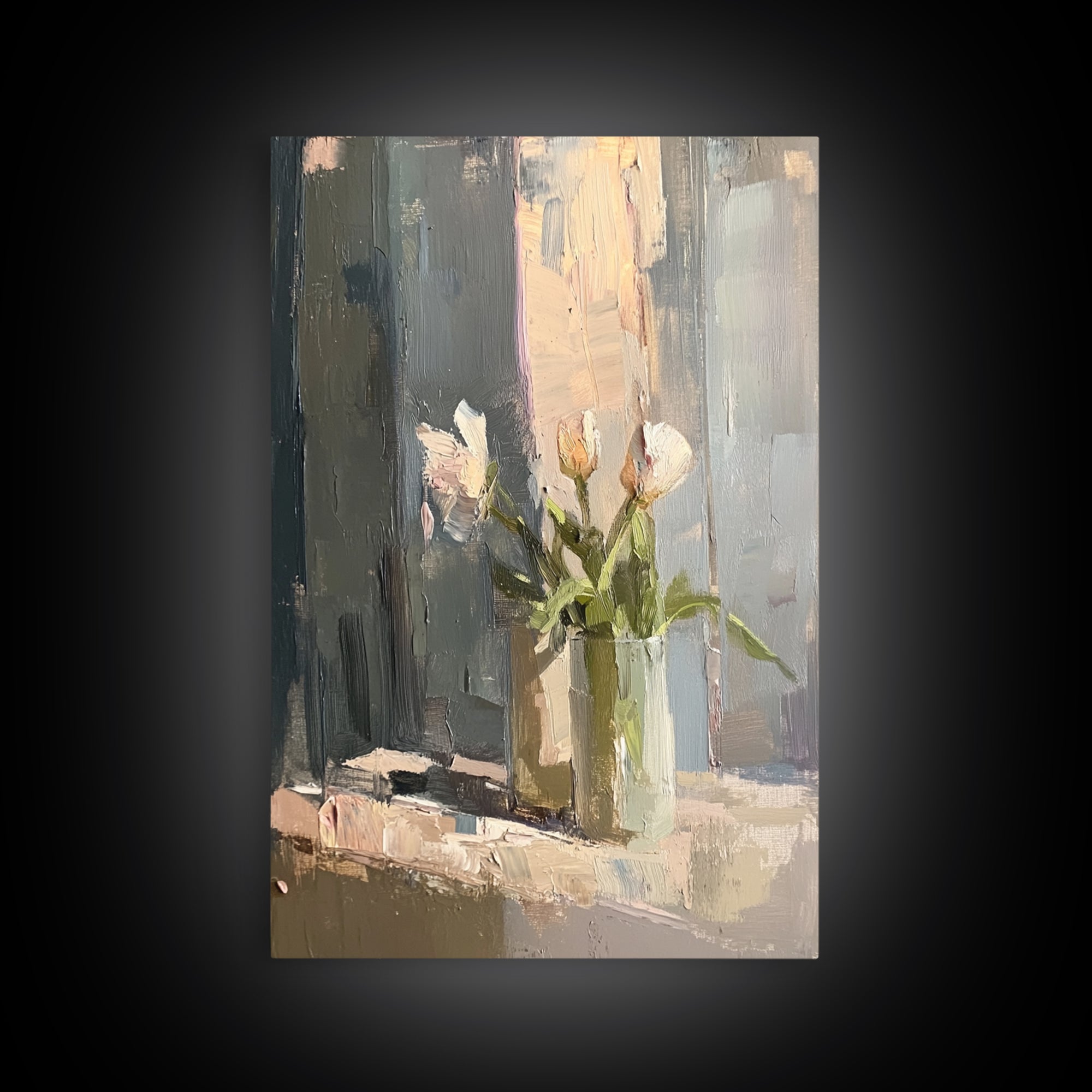Soft White Tulips Framed Canvas Print, Impasto Floral Still Life, Neutral Wall Decor, Bedroom Decor, Gift For Her, Home Decor