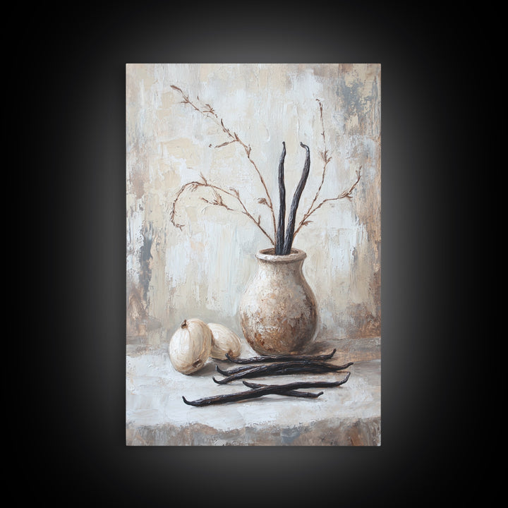 Rustic Vanilla Bean And Garlic Still Life Wall Art, Neutral Kitchen Decor, Farmhouse Canvas Print, Dining Room Art, Gift For Foodie