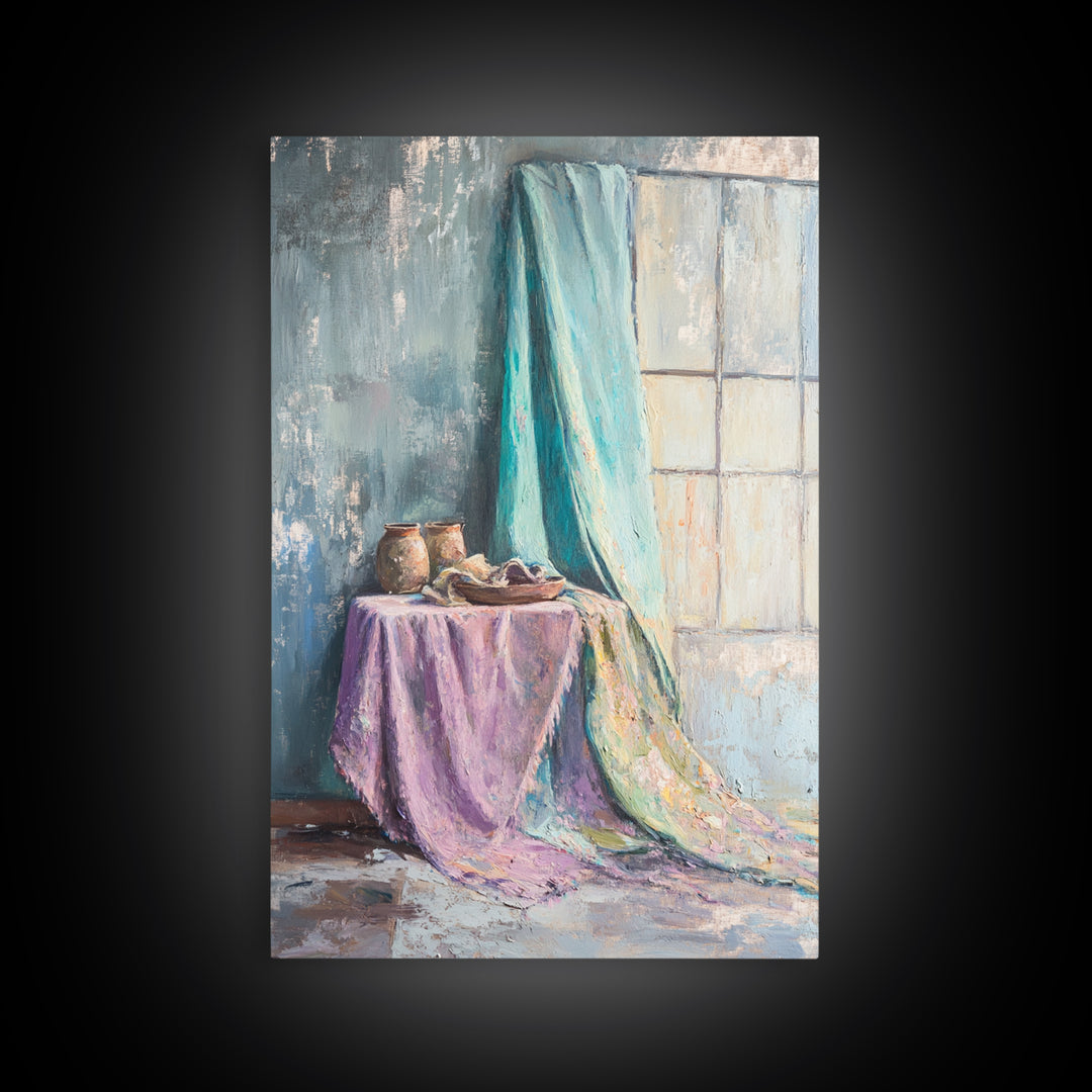 Turquoise Draped Fabric Still Life Wall Art, Soft Pastel Table Scene, Contemporary Canvas Print, Living Room Wall Decor, Home Decor
