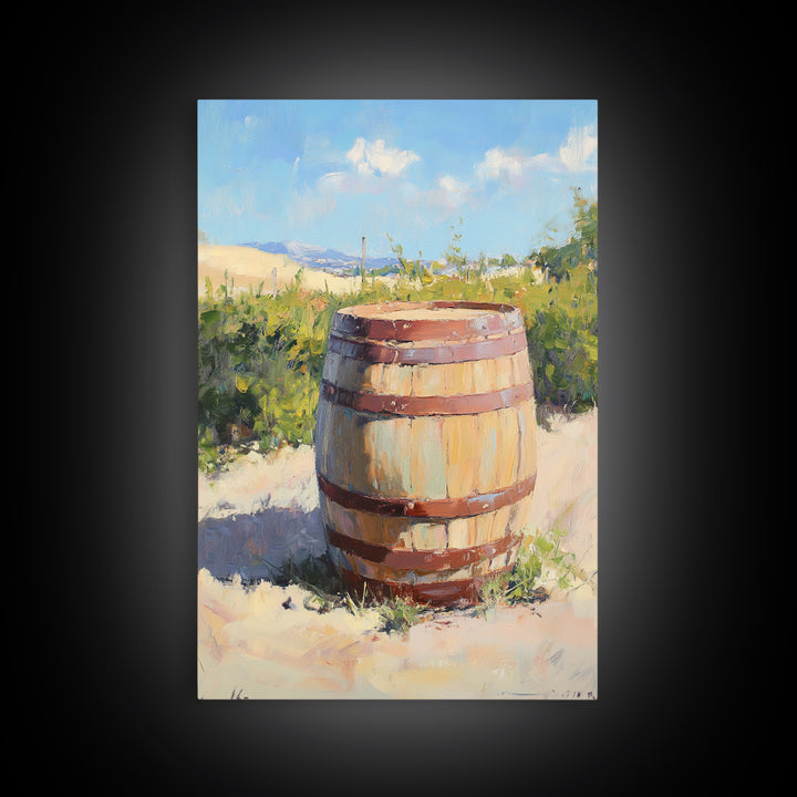 Sunlit Vineyard Wine Barrel Canvas Print, Rustic Winery Landscape Painting, Wine Wall Art, Kitchen Decor, Gift For Wine Lover