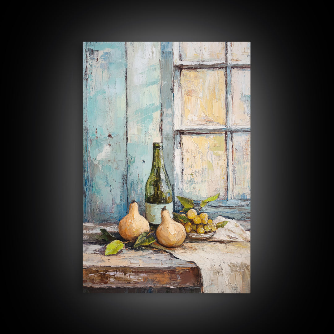 Wine Bottle Pears And Grapes By Window Canvas Print, Rustic Kitchen Wall Art For Dining Room Decor And French Country Decor