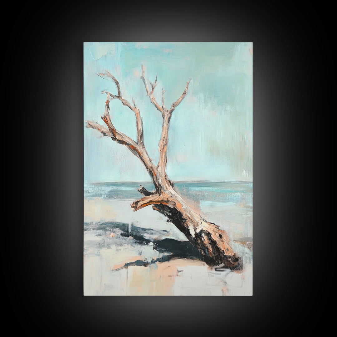Weathered Driftwood On Quiet Beach Canvas Print, Coastal Wall Art, Minimalist Seascape Decor, Neutral Ocean Landscape Art