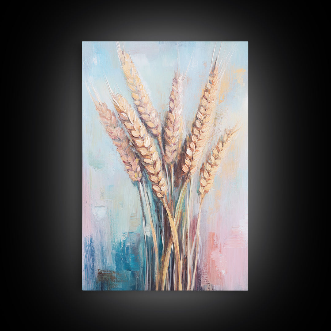 Golden Wheat Stalks In Soft Pastel Light Framed Canvas Print, Rustic Farmhouse Wall Art, Country Kitchen Decor, Housewarming Gift