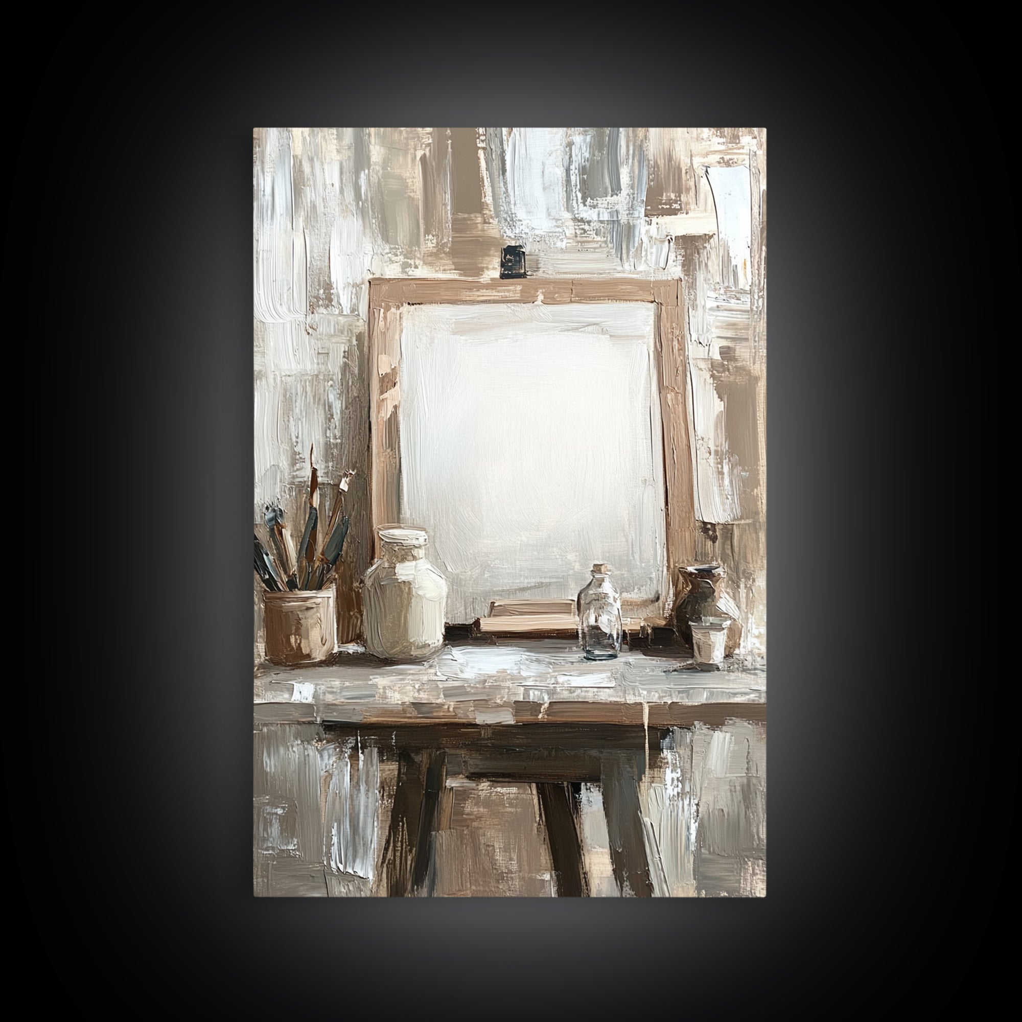 Neutral Artist Studio Easel And Paintbrushes Framed Canvas Print, Minimalist Office Wall Art, Rustic Home Decor For Creative Spaces