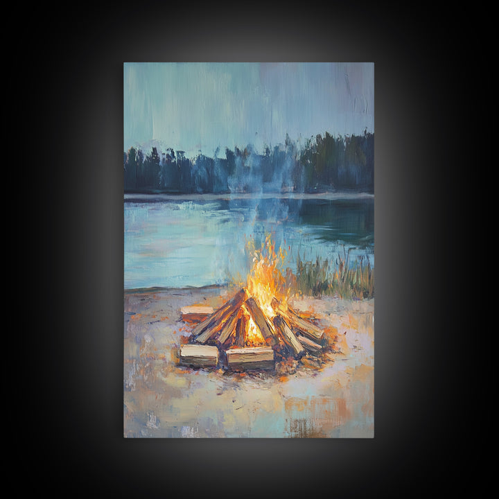 Lakeside Campfire At Dusk Wall Art, Rustic Cabin Decor, Cozy Nature Print, Lake House Canvas, Housewarming Gift, Living Room Decor