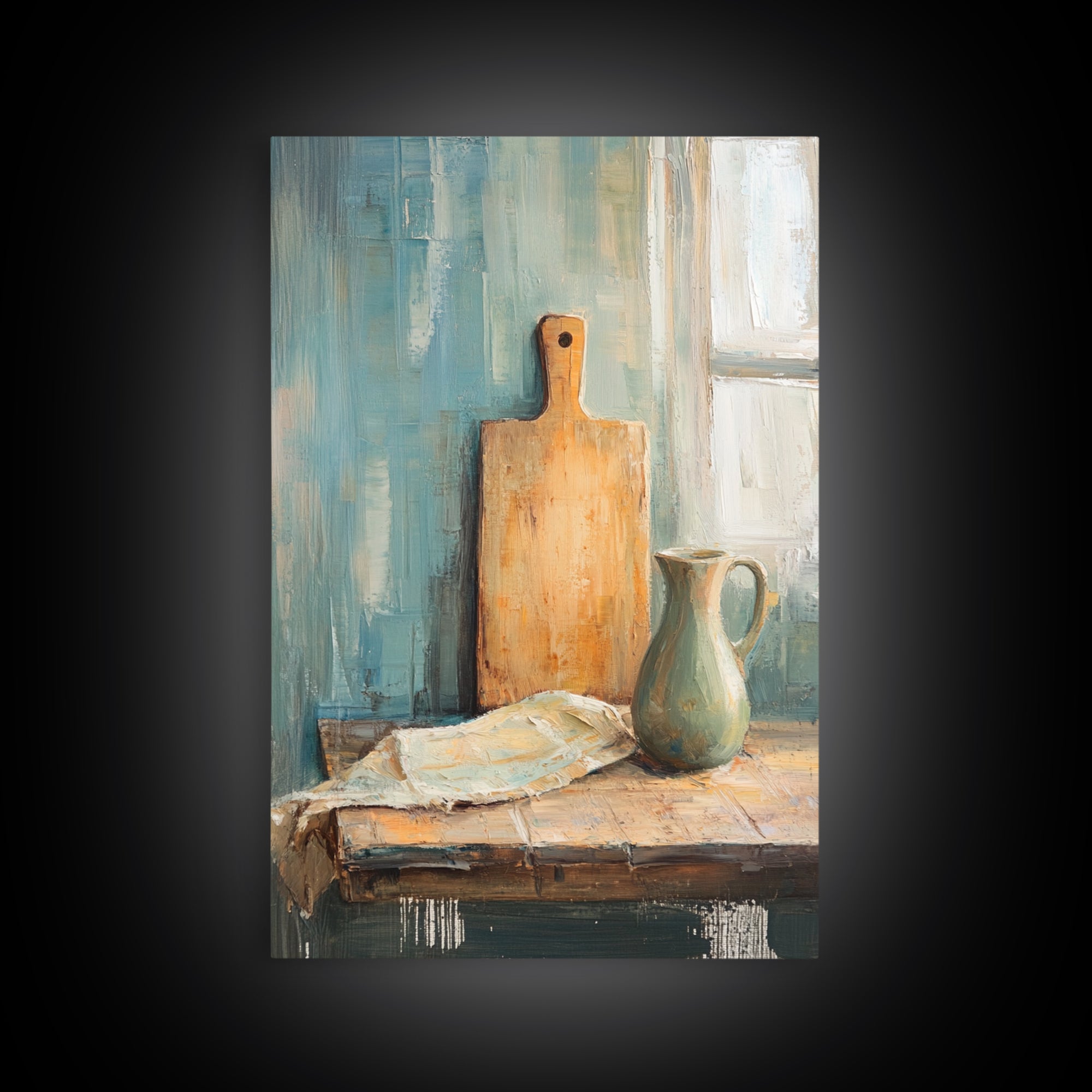 Rustic Cutting Board And Ceramic Pitcher Wall Art, Farmhouse Kitchen Decor, Country Still Life Art Print, Housewarming Gift