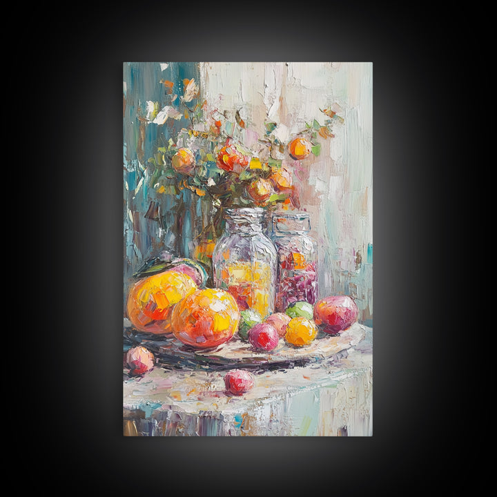 Colorful Citrus Fruit Still Life With Glass Jars Canvas Print, Kitchen Wall Art, Rustic Farmhouse Dining Room Decor, Foodie Gift